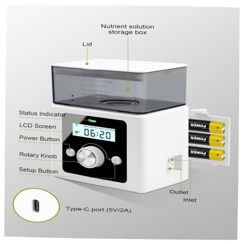 Automatisches Bewässerungssystem für Zimmerpflanzen – DIY-Drip-Set mit Nährstofftank, LCD-Timer & Typ-C/Batterie-Betrieb, wassersparend