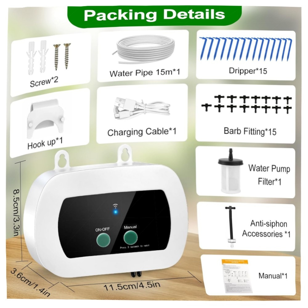 WiFi Tropfbewässerungssystem mit App-Steuerung – Intelligente Zeitschaltuhr, 15 Tropfdüsen, 10m Schlauch, anti-Siphon & Alarm, hochwertig für Garten & Balkon