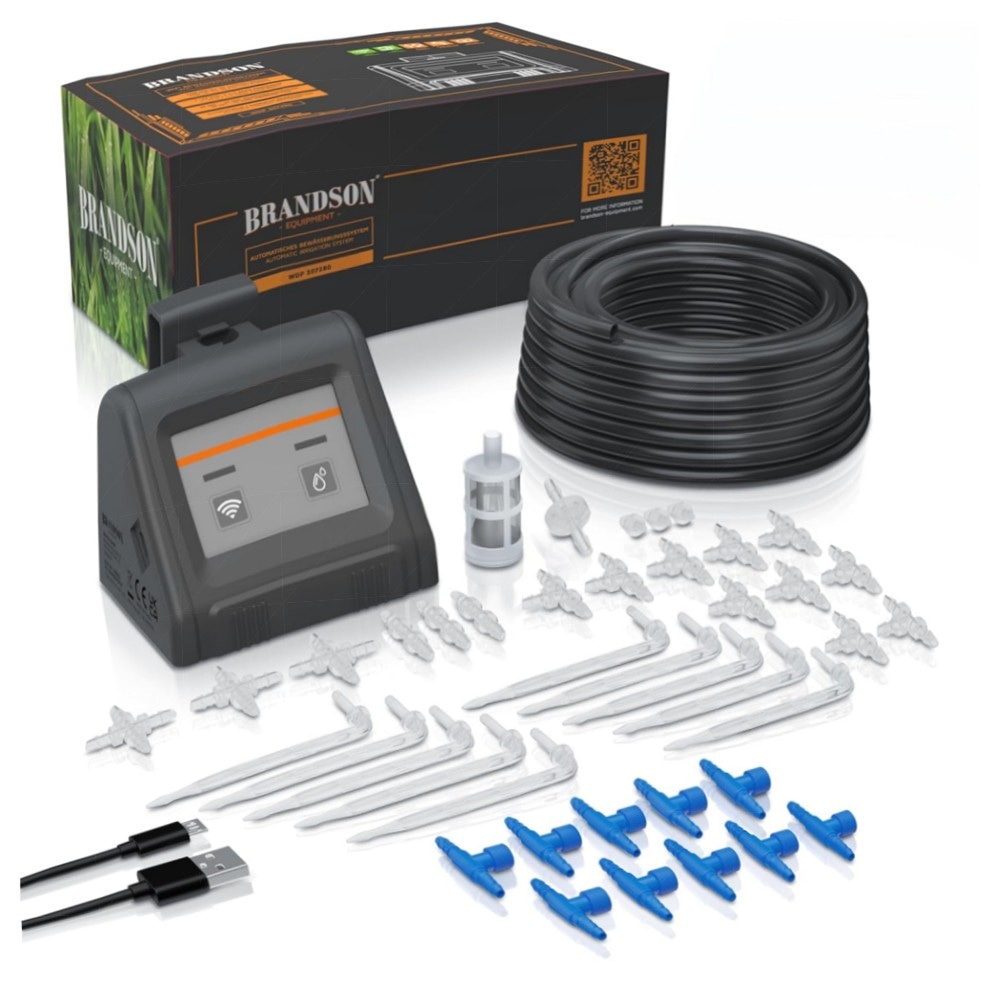 WLAN Tröpfchenbewässerungssystem (2,4 GHz) – Brandson Smart Bewässerungscomputer für bis zu 10 Pflanzen, App‑ & Sprachsteuerung, inkl. 10 m Schlauch