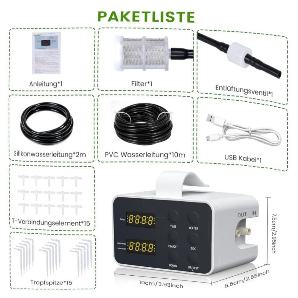 Automatisches Bewässerungssystem für Zimmerpflanzen – 15 Topfpflanzen, zeitgesteuert, wassersparend mit USB-C & Wassermangelalarm