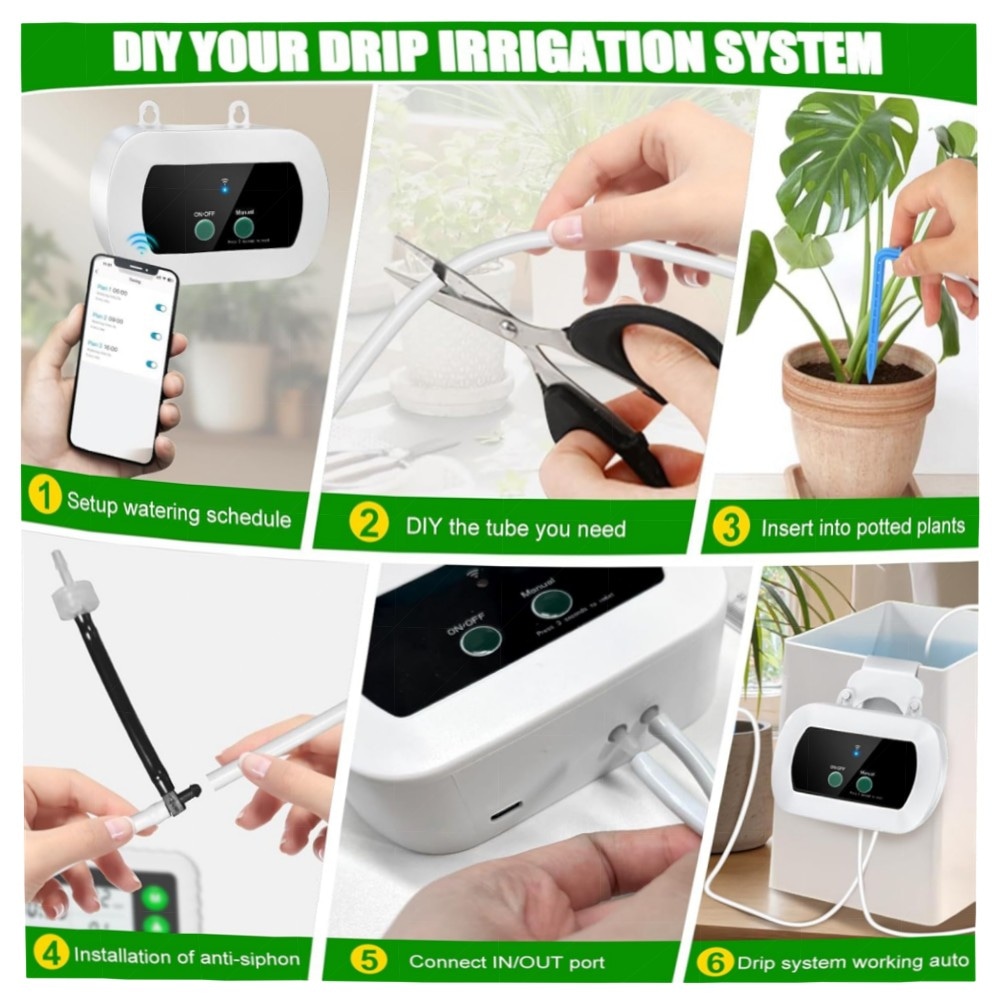 WiFi Tropfbewässerungssystem mit App-Steuerung – Intelligente Zeitschaltuhr, 15 Tropfdüsen, 10m Schlauch, anti-Siphon & Alarm, hochwertig für Garten & Balkon