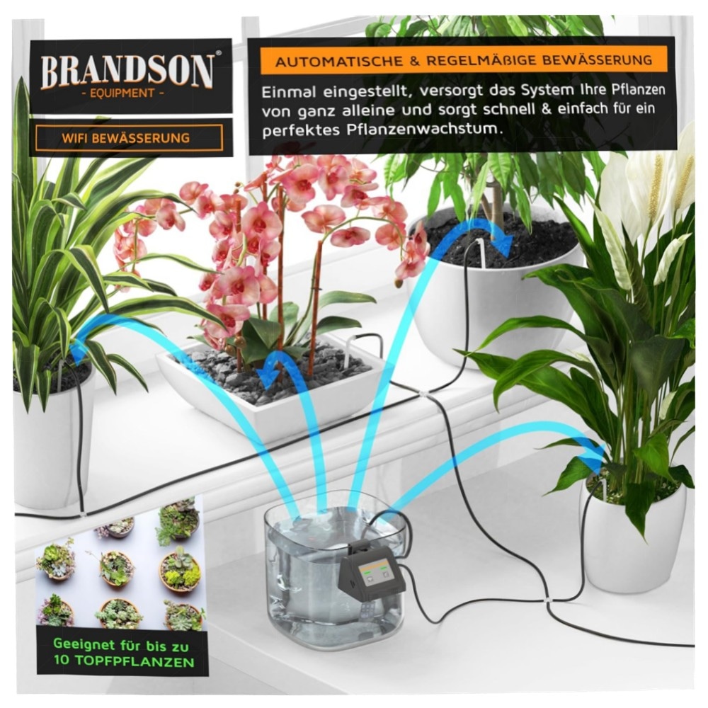 WLAN Tröpfchenbewässerungssystem (2,4 GHz) – Brandson Smart Bewässerungscomputer für bis zu 10 Pflanzen, App‑ & Sprachsteuerung, inkl. 10 m Schlauch