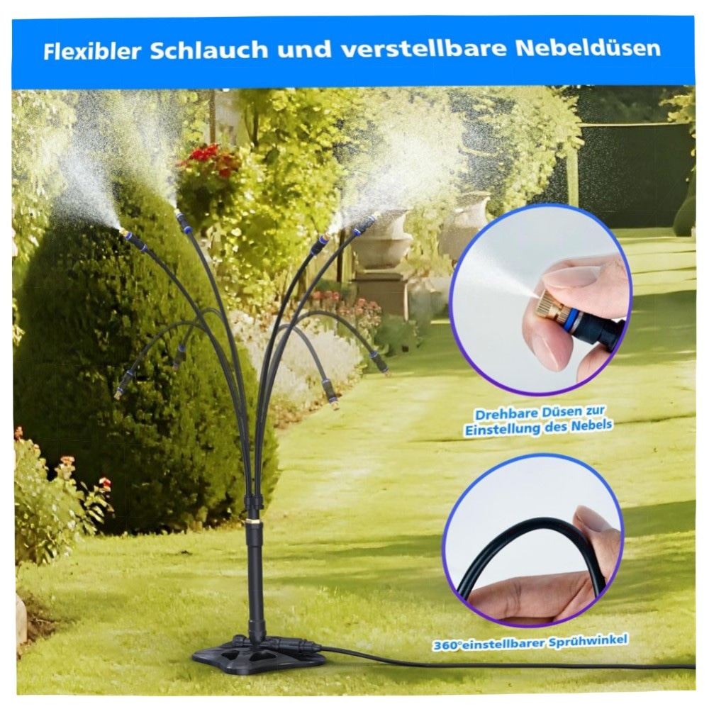 80affbe04118.jpg Stehendes Sprühnebel-Kühlsystem 8 m Schlauch – Tragbarer Wassernebel für Terrasse, Garten & Pool, ABS-Basis mit Messinganschlüssen