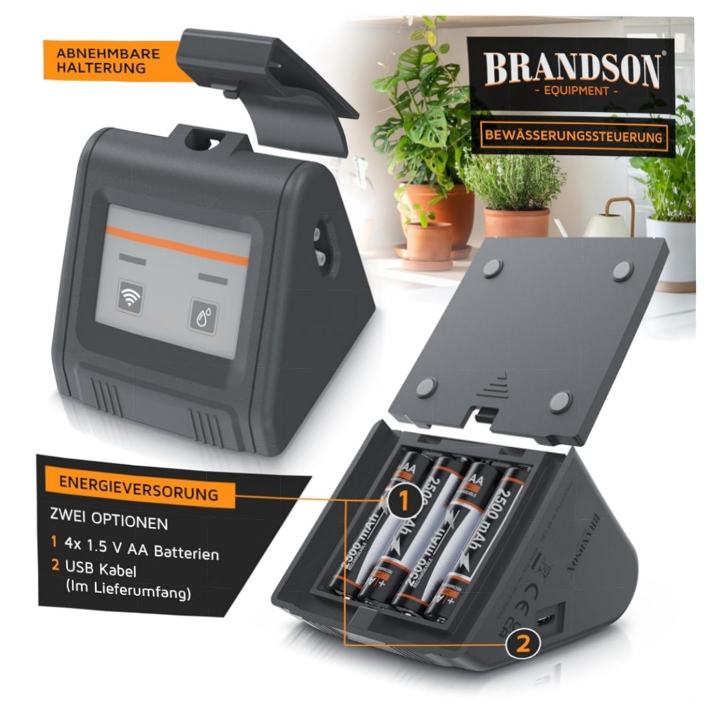WLAN Tröpfchenbewässerungssystem (2,4 GHz) – Brandson Smart Bewässerungscomputer für bis zu 10 Pflanzen, App‑ & Sprachsteuerung, inkl. 10 m Schlauch