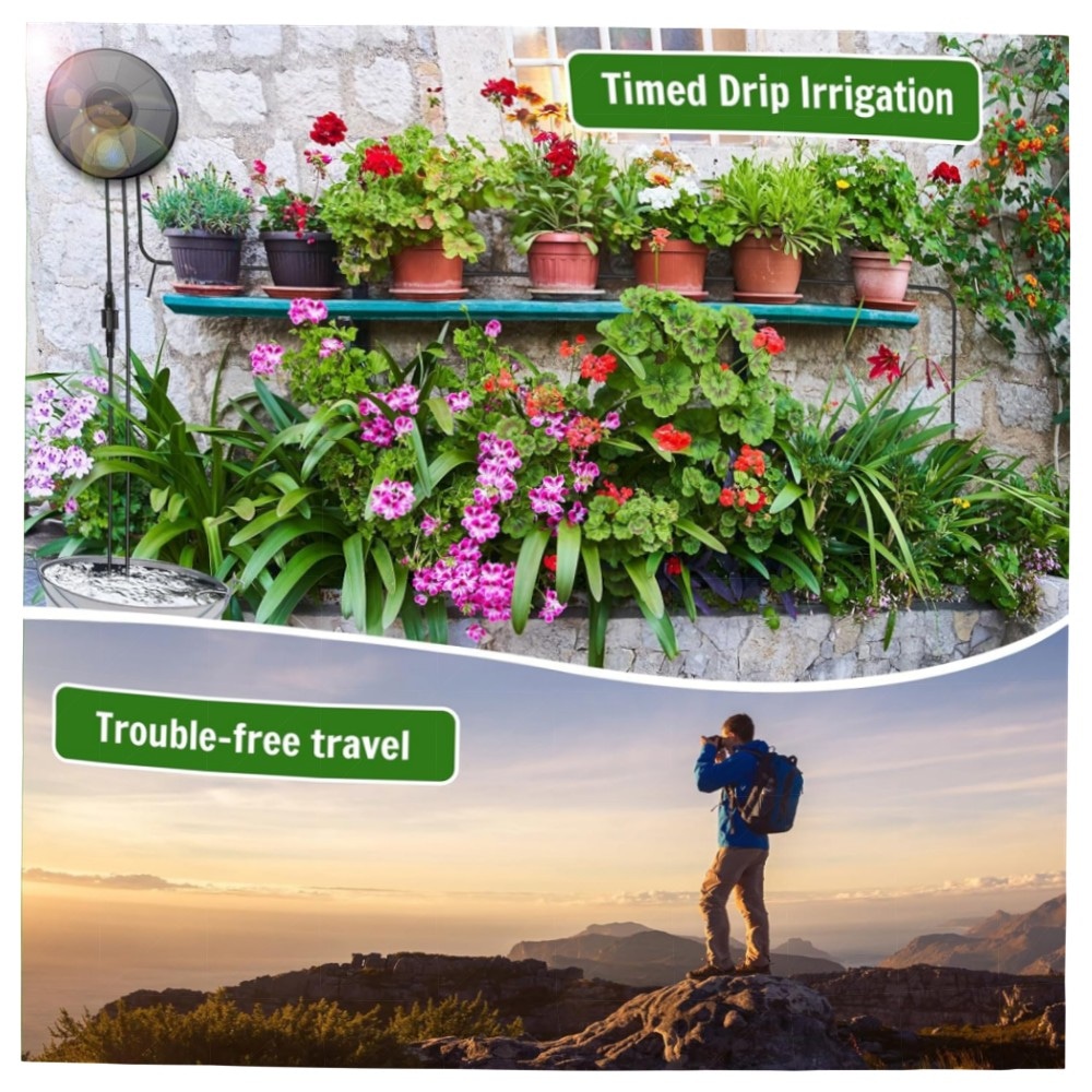 Solar-Tropfbewässerungssystem für 15 Pflanzen – Automatisches, solarbetriebenes Bewässerungs-Kit mit Wasserstandserkennung & 15m Schlauch