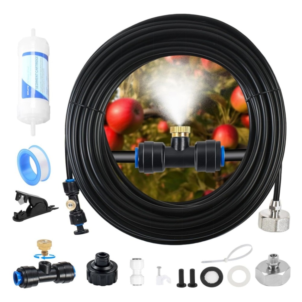 Gemsaya 18 m Sprühnebel-Kühlungssystem mit 18 Messingdüsen – UV-beständiger Schlauch, leicht montierbar für Terrasse, Garten & Gewächshaus