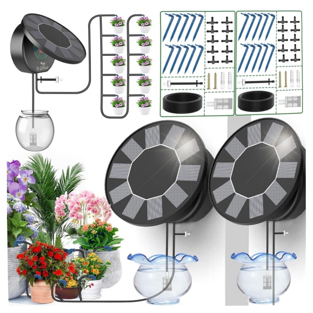 Solar-Bewässerungssystem 2er-Set für Garten & Balkon – Automatische Tropfbewässerung mit Solarpanel, 9 Programme, 10 m Schlauch, energiesparend