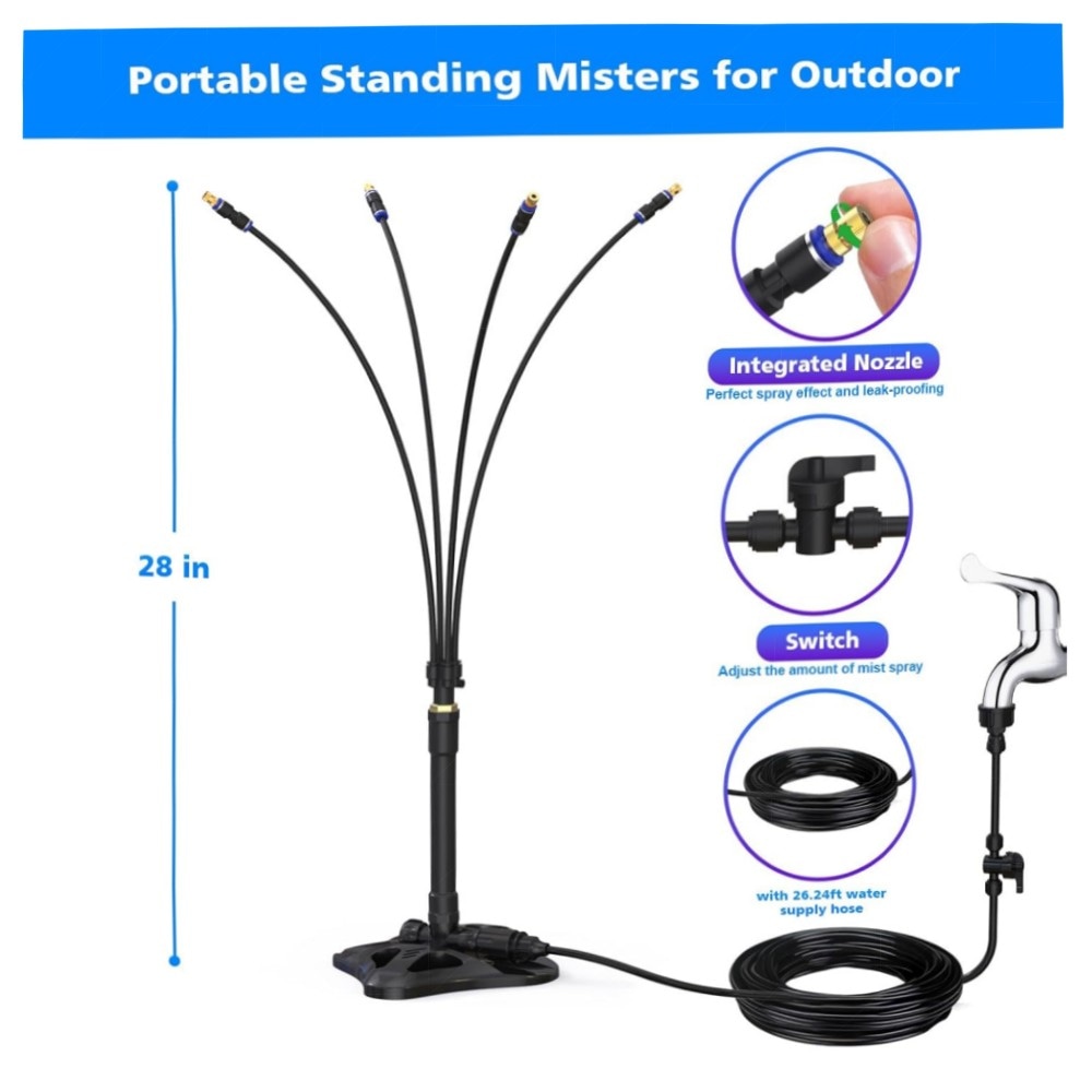 a4ea46cc8521.jpg Stehendes Sprühnebel-Kühlsystem 8 m Schlauch – Tragbarer Wassernebel für Terrasse, Garten & Pool, ABS-Basis mit Messinganschlüssen
