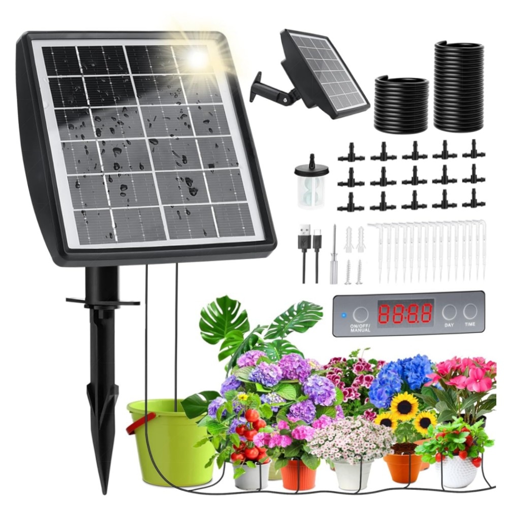 Solar Bewässerungssystem 2025 – Automatische Tröpfchenbewässerung mit Timer, 15m Schlauch, IP65, 2000mAh Akku für Balkon, Kübel & Gewächshaus