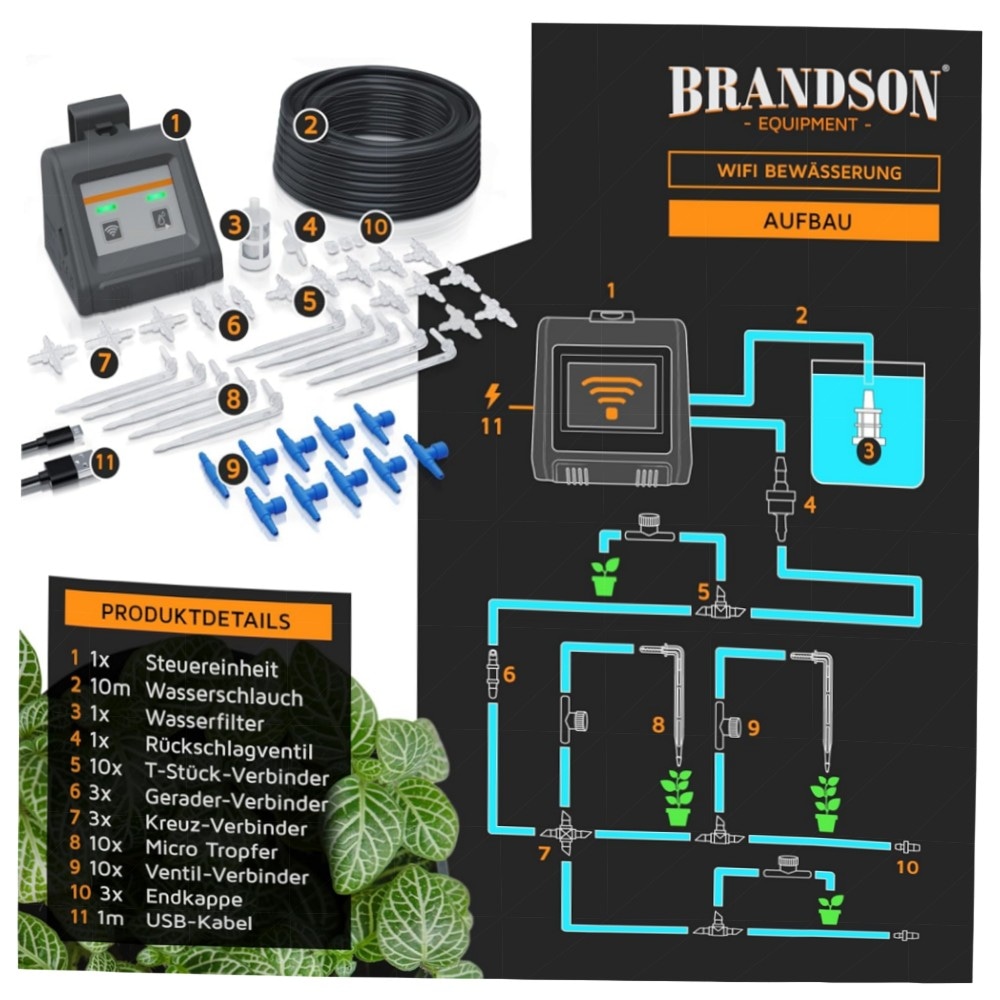 WLAN Tröpfchenbewässerungssystem (2,4 GHz) – Brandson Smart Bewässerungscomputer für bis zu 10 Pflanzen, App‑ & Sprachsteuerung, inkl. 10 m Schlauch
