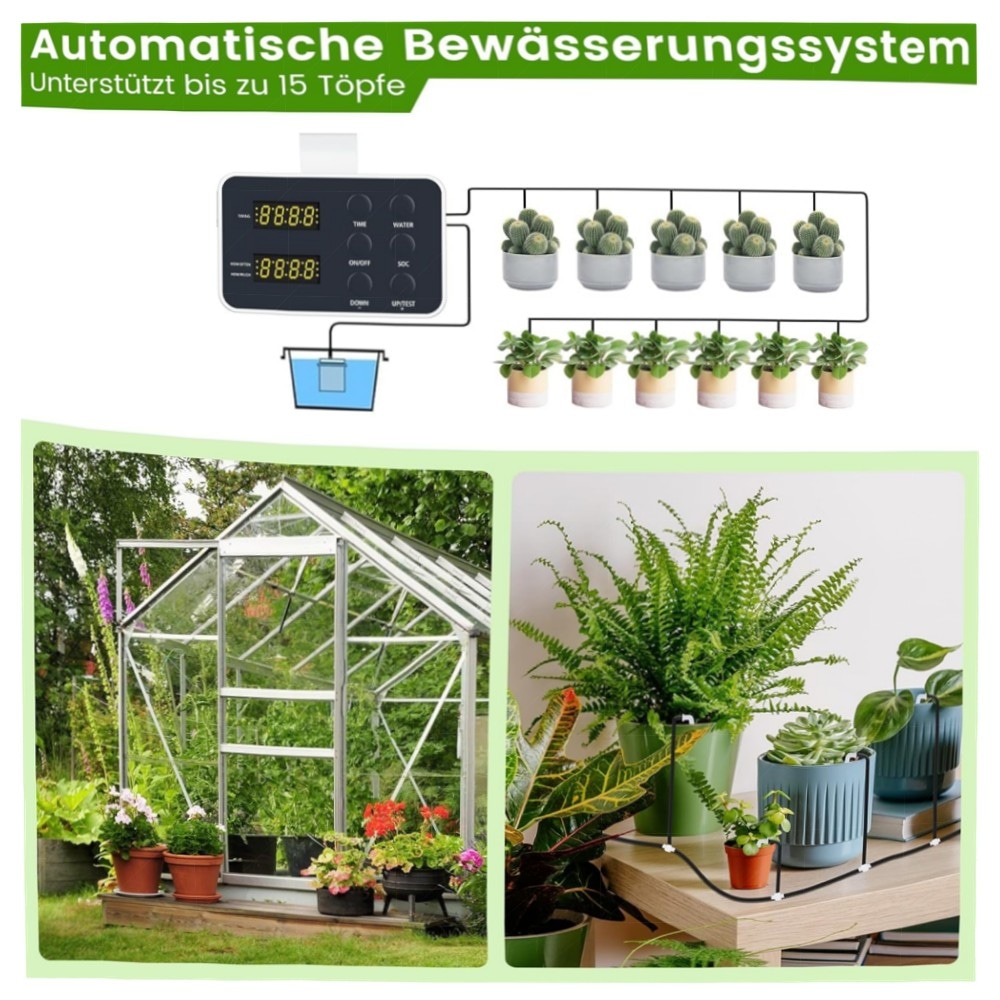 Automatisches Bewässerungssystem für Zimmerpflanzen – 15 Topfpflanzen, zeitgesteuert, wassersparend mit USB-C & Wassermangelalarm