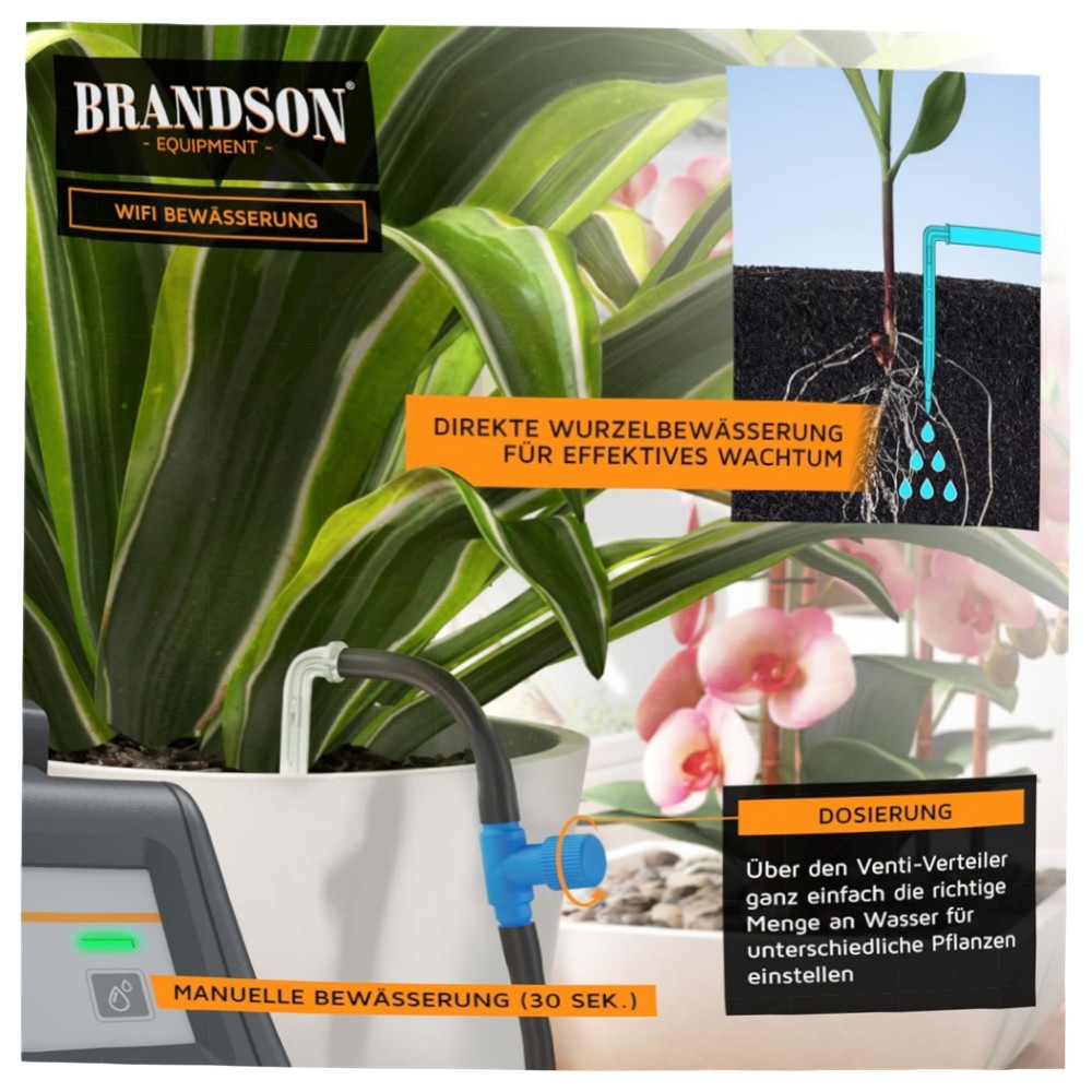 WLAN Tröpfchenbewässerungssystem (2,4 GHz) – Brandson Smart Bewässerungscomputer für bis zu 10 Pflanzen, App‑ & Sprachsteuerung, inkl. 10 m Schlauch