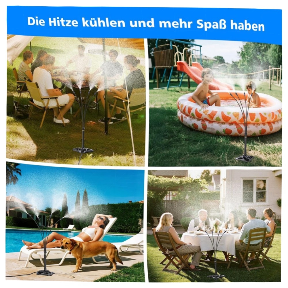 fb36beee1534.jpg Stehendes Sprühnebel-Kühlsystem 8 m Schlauch – Tragbarer Wassernebel für Terrasse, Garten & Pool, ABS-Basis mit Messinganschlüssen
