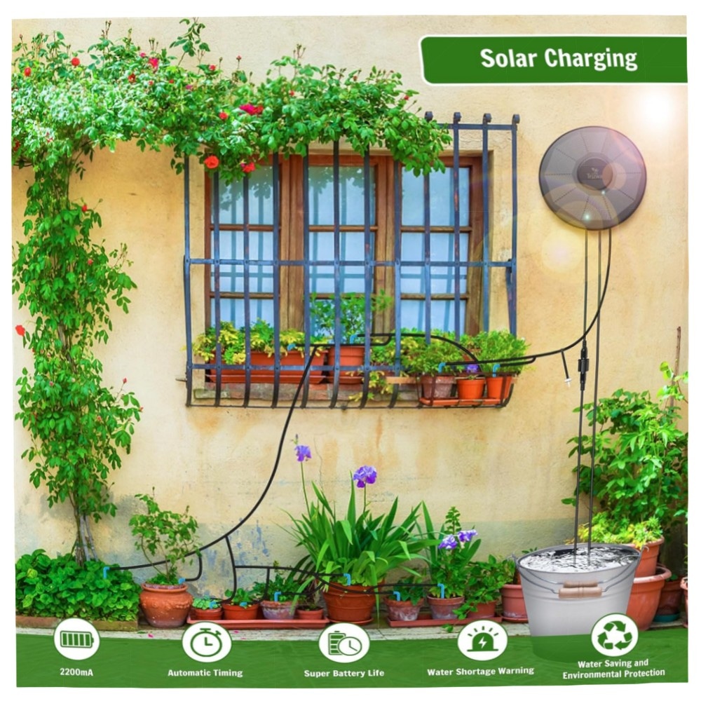 Solar-Tropfbewässerungssystem für 15 Pflanzen – Automatisches, solarbetriebenes Bewässerungs-Kit mit Wasserstandserkennung & 15m Schlauch