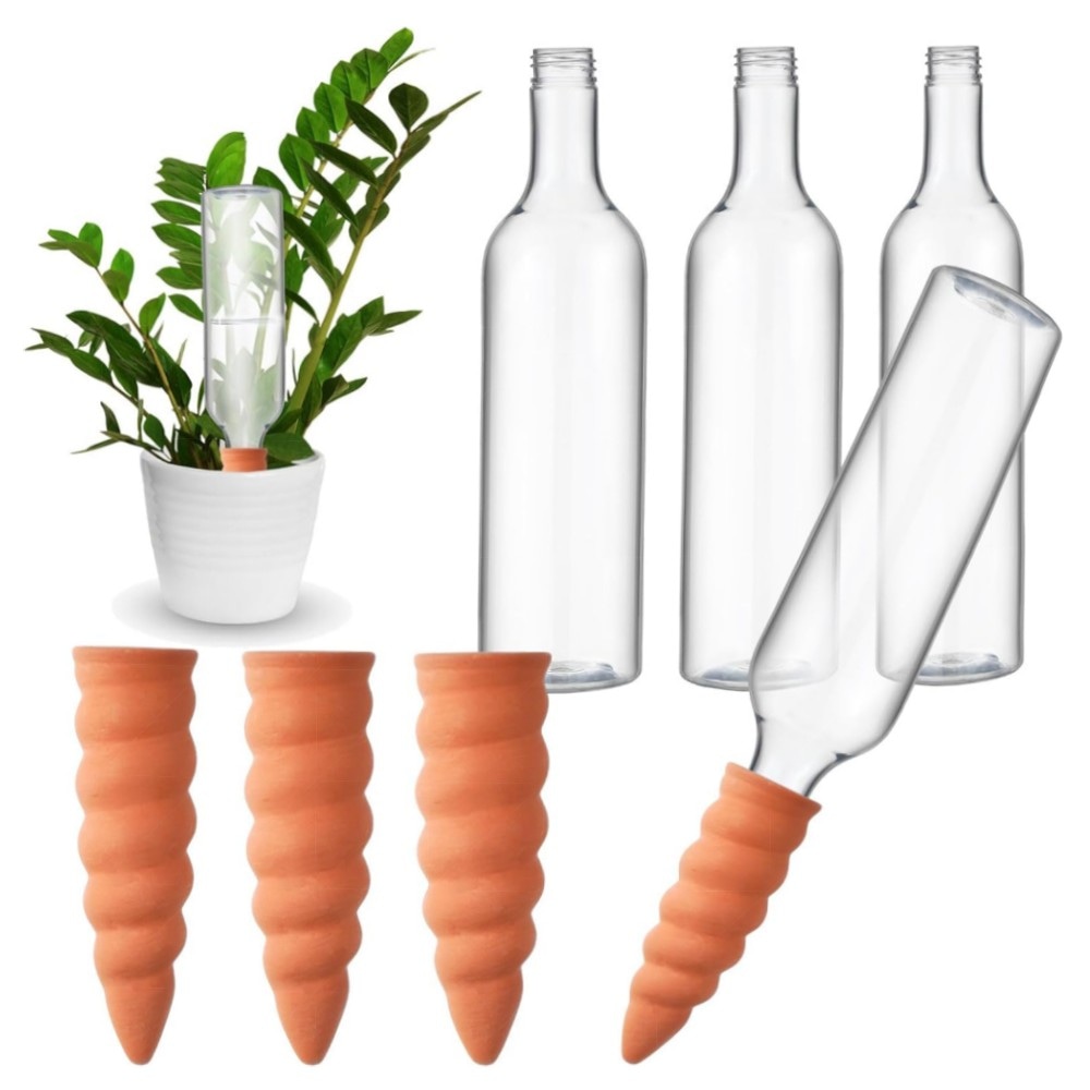 Automatische Terrakotta-Bewässerung (4er) mit 750 ml Flaschen – Laterit-Tonkegel, langsame Freisetzung für Topfpflanzen & Urlaub