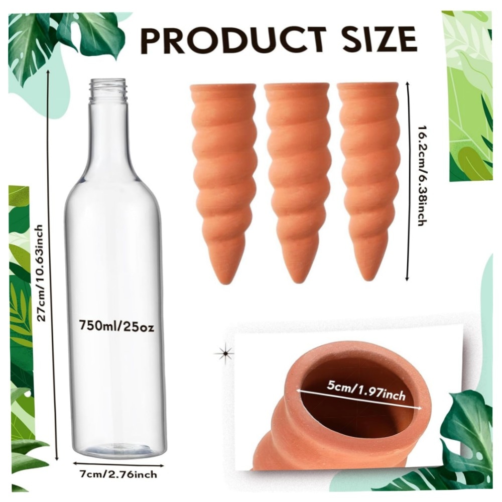 Automatische Terrakotta-Bewässerung (4er) mit 750 ml Flaschen – Laterit-Tonkegel, langsame Freisetzung für Topfpflanzen & Urlaub