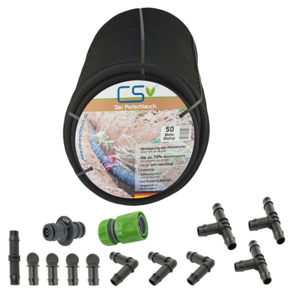 CS Perlschlauch 50 m Starter-Set – nachhaltiger Tropfschlauch aus Recyclingmaterial, einfache Installation, drucksparend & winterfest