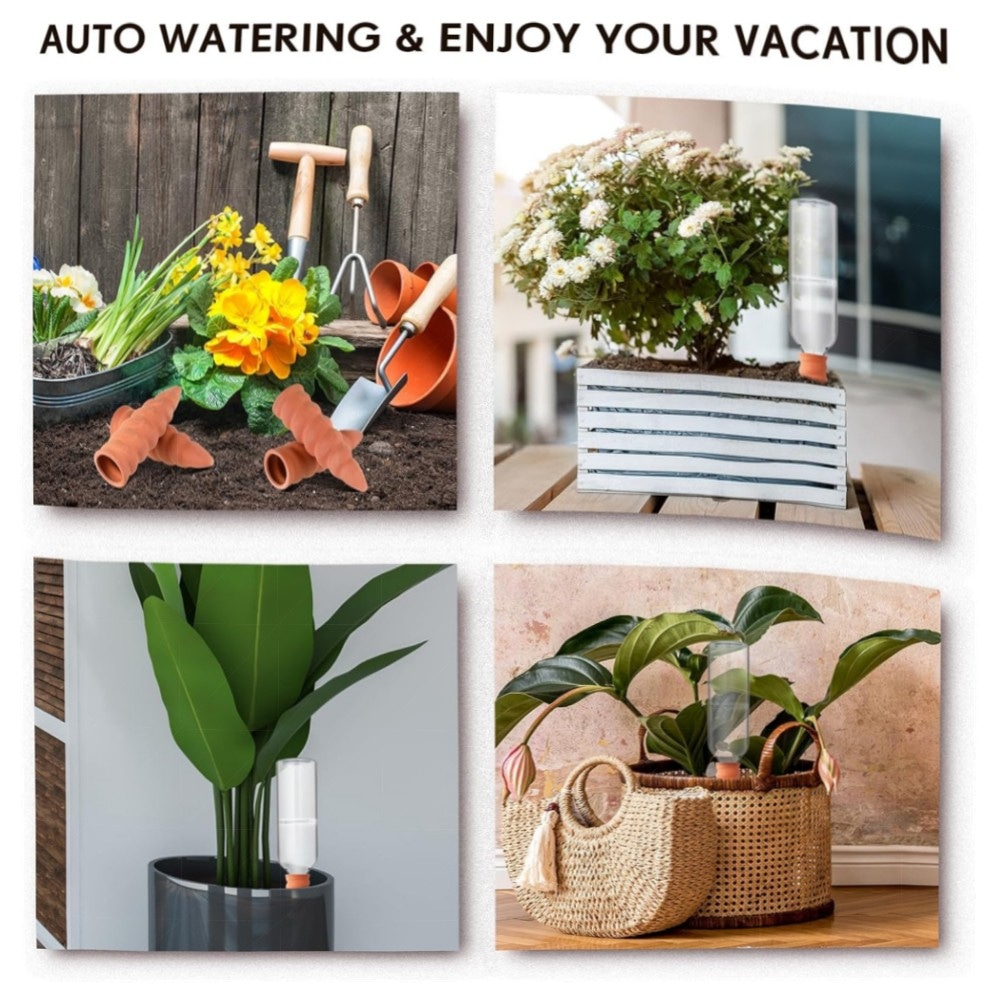 Automatische Terrakotta-Bewässerung (4er) mit 750 ml Flaschen – Laterit-Tonkegel, langsame Freisetzung für Topfpflanzen & Urlaub