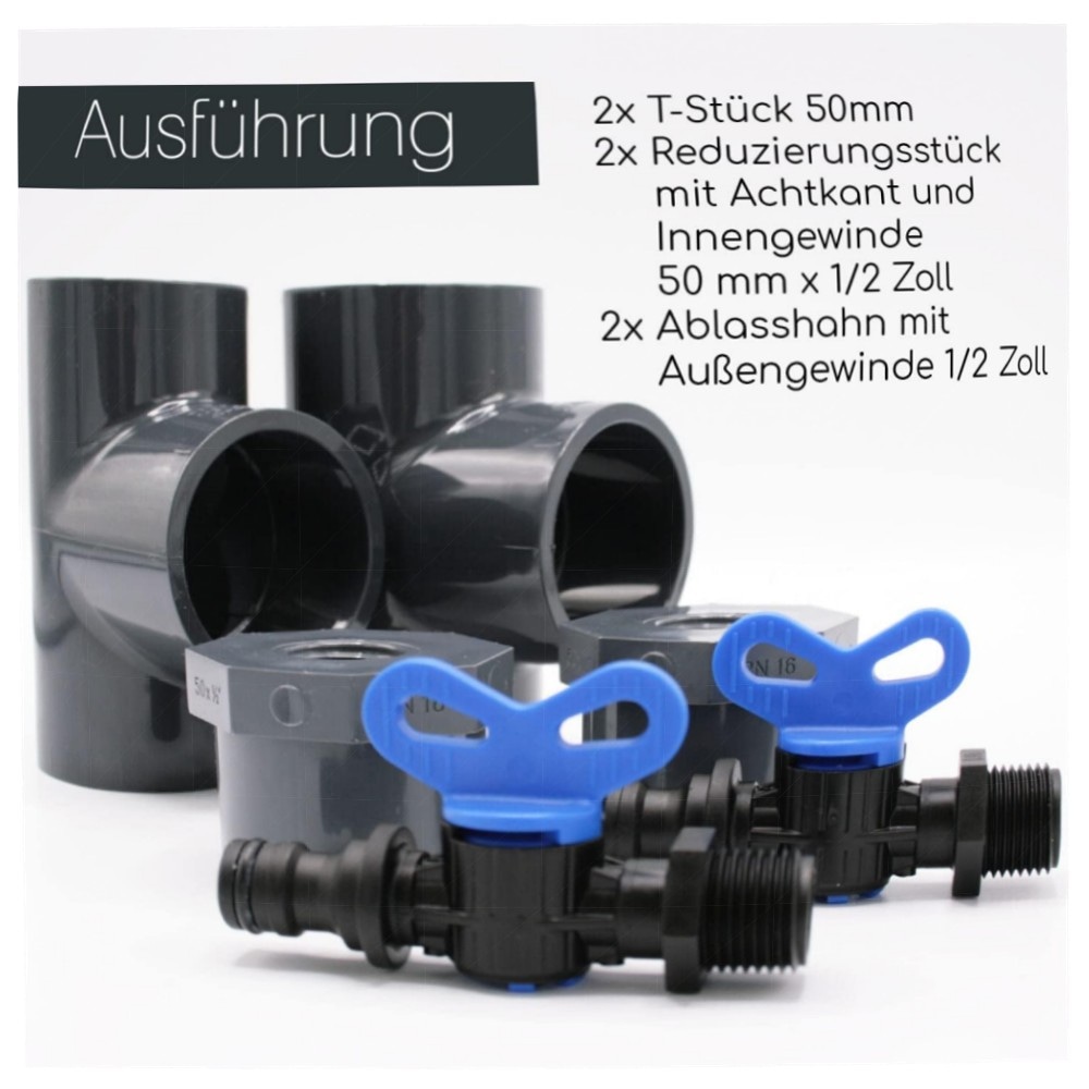 Entleerungs-Set 2x Ø50 mm für PVC-Rohre & Pool – 2x T-Stück 2x Reduzierung 50→1/2\