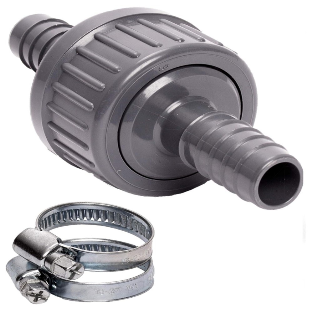 31c900248962.jpg Pangaea Tech Rückschlagventil 13 mm – hochwertiges PVC-Set mit 2 Edelstahl-Schlauchschellen für Pool, Teich & Hauswasserwerk