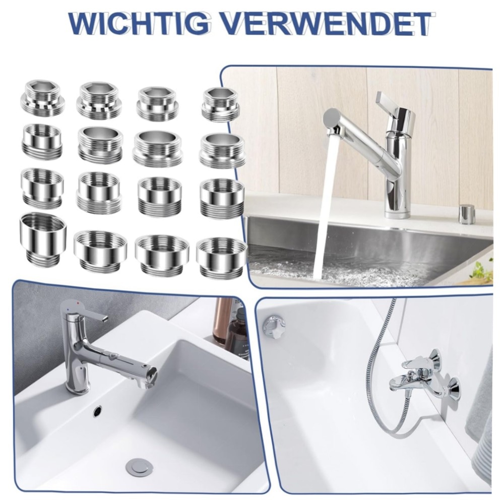 16er Wasserhahn-Adapter Set mit Dichtungen, Messing Doppelnippel Außengewinde – universell & rostfrei für Küche & Garten
