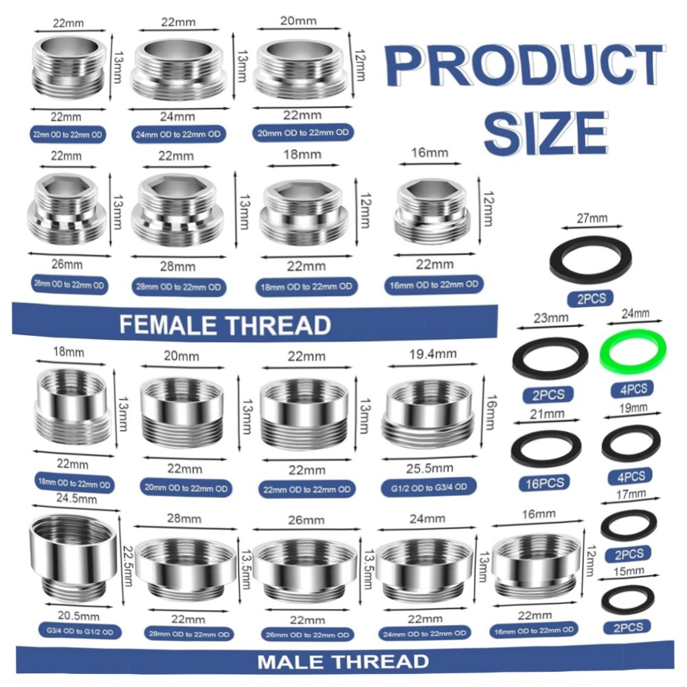16er Wasserhahn-Adapter Set mit Dichtungen, Messing Doppelnippel Außengewinde – universell & rostfrei für Küche & Garten