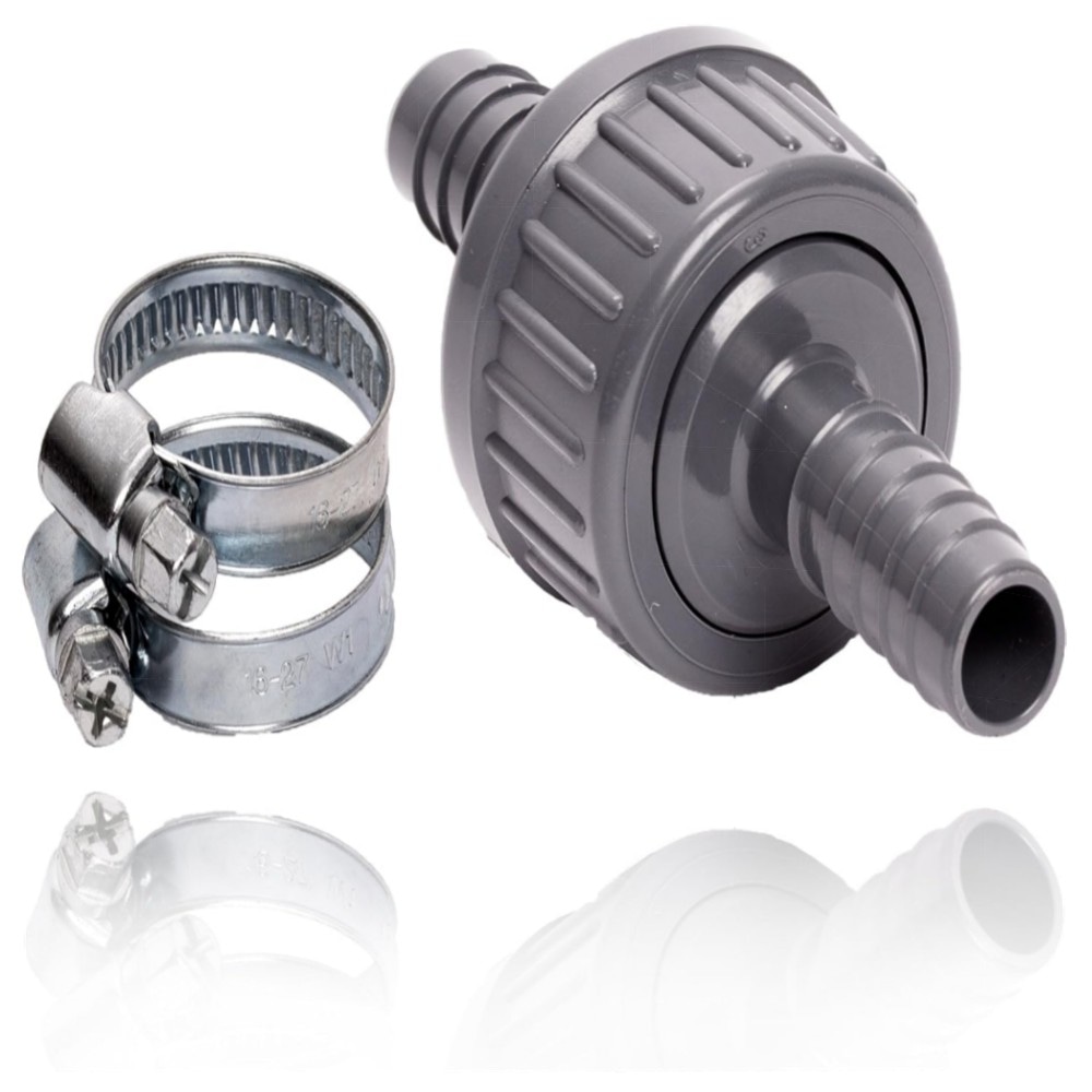 7f56e2052721.jpg Pangaea Tech Rückschlagventil 13 mm – hochwertiges PVC-Set mit 2 Edelstahl-Schlauchschellen für Pool, Teich & Hauswasserwerk