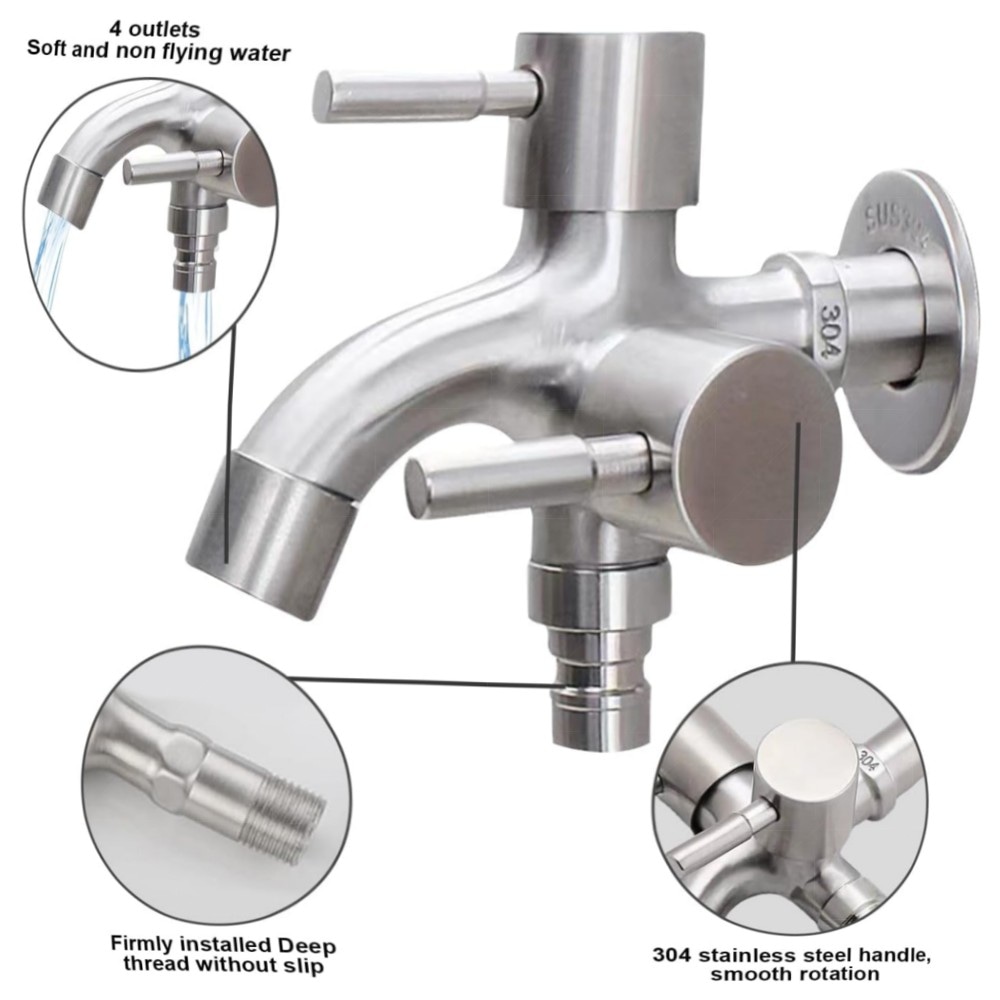 1/2 Zoll Doppel-Wasserhahn aus Edelstahl – Universal Doppel-Auslauf, Sicherheitsventil, für Garten, Waschmaschine & Küche