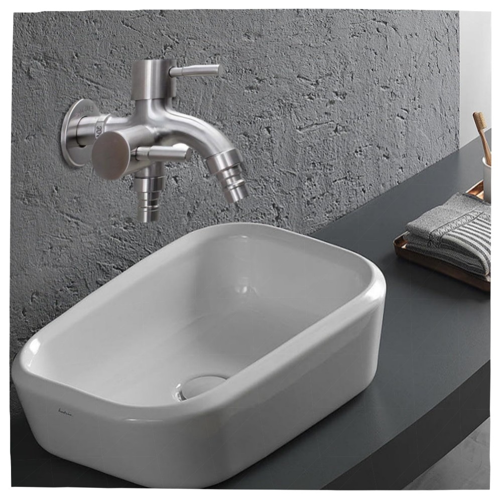 1/2 Zoll Doppel-Wasserhahn aus Edelstahl – Universal Doppel-Auslauf, Sicherheitsventil, für Garten, Waschmaschine & Küche