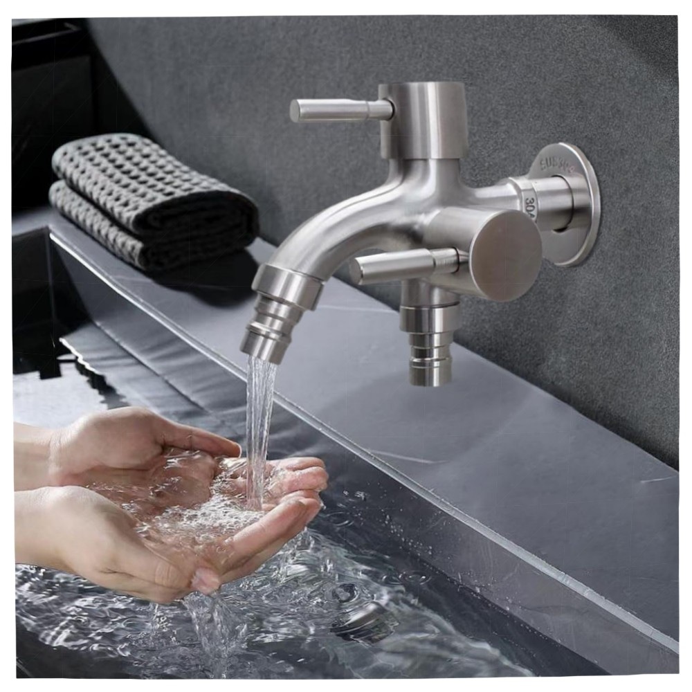 1/2 Zoll Doppel-Wasserhahn aus Edelstahl – Universal Doppel-Auslauf, Sicherheitsventil, für Garten, Waschmaschine & Küche