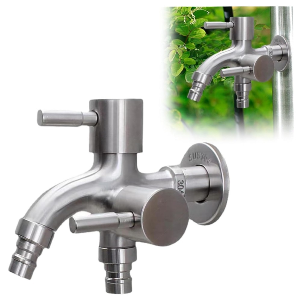 1/2 Zoll Doppel-Wasserhahn aus Edelstahl – Universal Doppel-Auslauf, Sicherheitsventil, für Garten, Waschmaschine & Küche