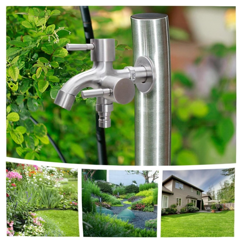 1/2 Zoll Doppel-Wasserhahn aus Edelstahl – Universal Doppel-Auslauf, Sicherheitsventil, für Garten, Waschmaschine & Küche