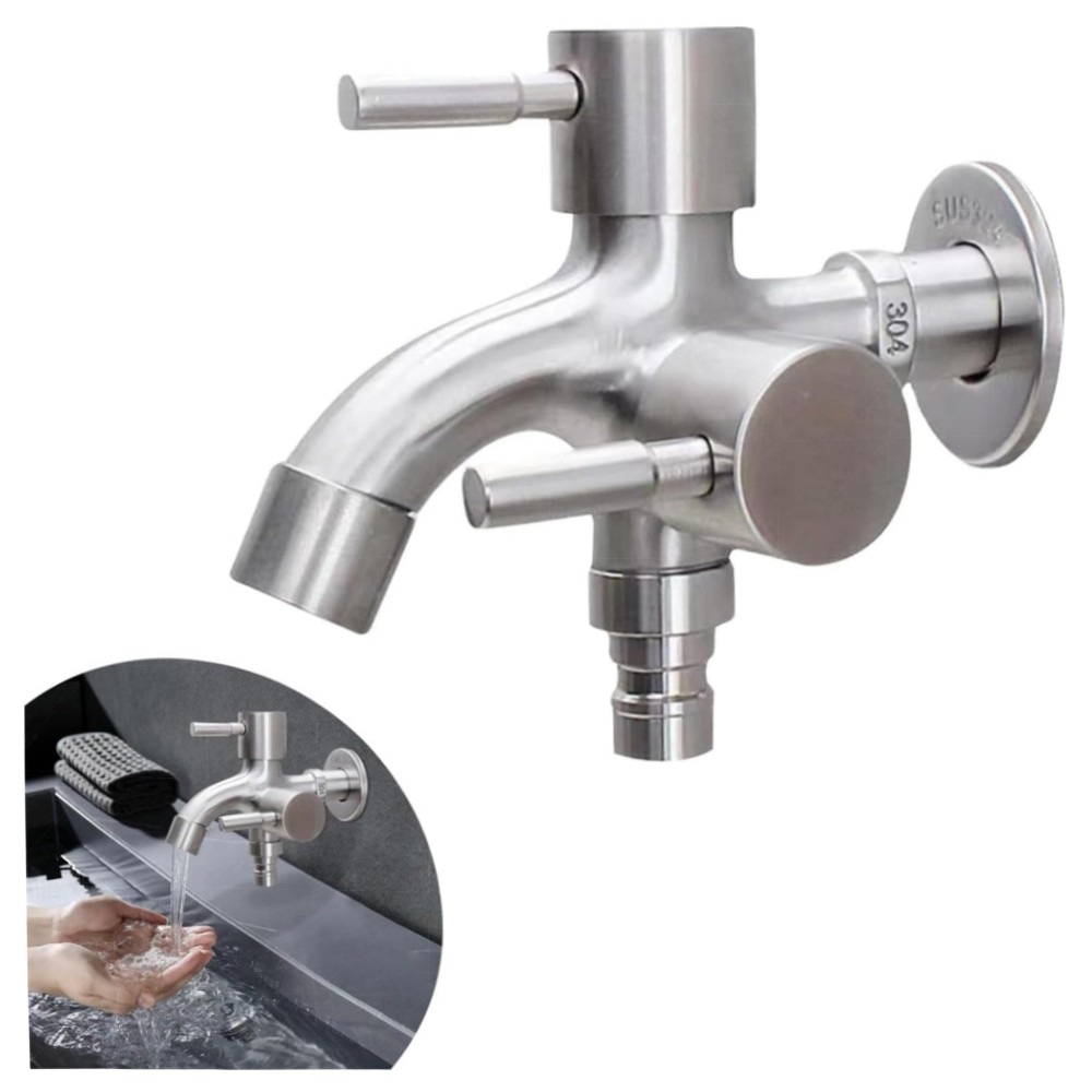 1/2 Zoll Doppel-Wasserhahn aus Edelstahl – Universal Doppel-Auslauf, Sicherheitsventil, für Garten, Waschmaschine & Küche