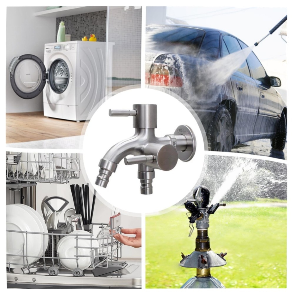 1/2 Zoll Doppel-Wasserhahn aus Edelstahl – Universal Doppel-Auslauf, Sicherheitsventil, für Garten, Waschmaschine & Küche