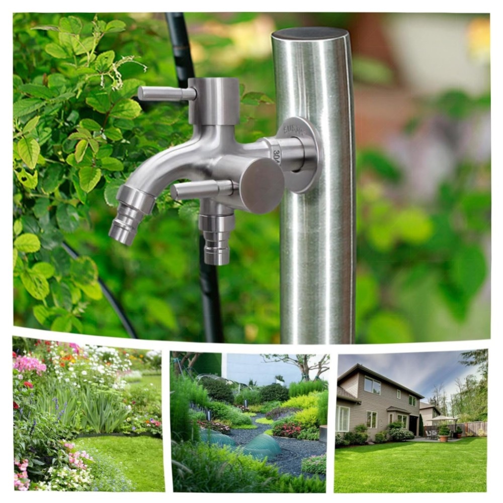 1/2 Zoll Doppel-Wasserhahn aus Edelstahl – Universal Doppel-Auslauf, Sicherheitsventil, für Garten, Waschmaschine & Küche