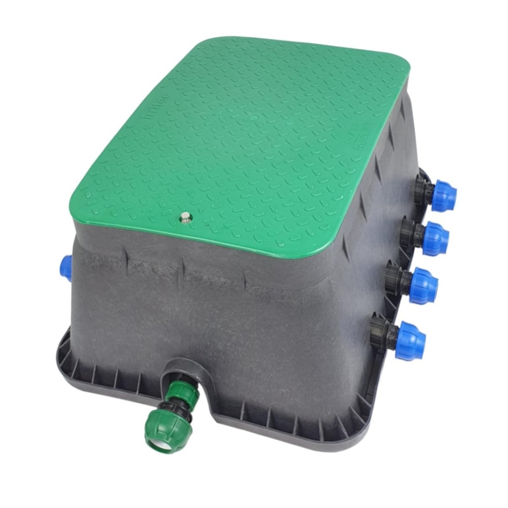 6er Ventilbox PROFI – 6× Hunter PGV 24V AC Magnetventile, vormontiert mit Siebfilter & Druckluftanschluss (25/32 mm Anschlüsse)