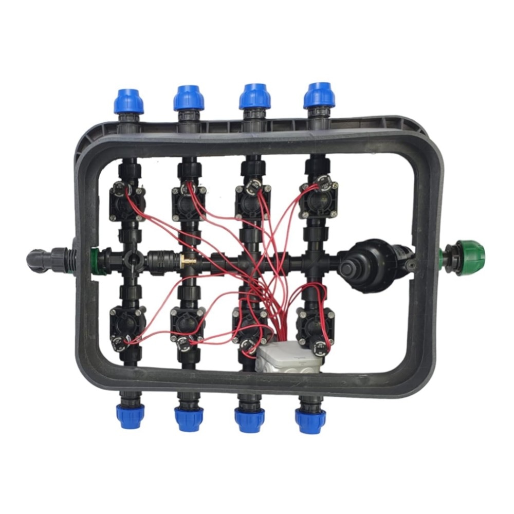 6er Ventilbox PROFI – 6× Hunter PGV 24V AC Magnetventile, vormontiert mit Siebfilter & Druckluftanschluss (25/32 mm Anschlüsse)