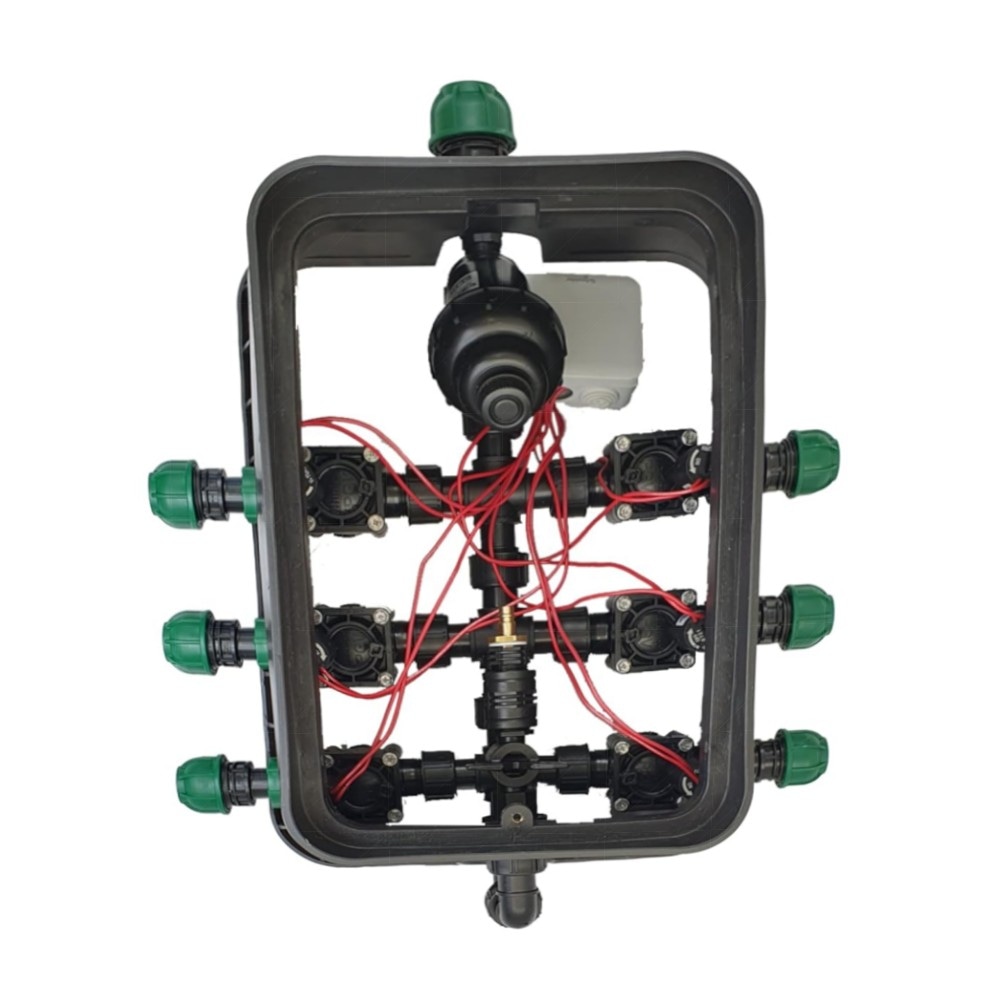 6er Ventilbox PROFI – 6× Hunter PGV 24V AC Magnetventile, vormontiert mit Siebfilter & Druckluftanschluss (25/32 mm Anschlüsse)