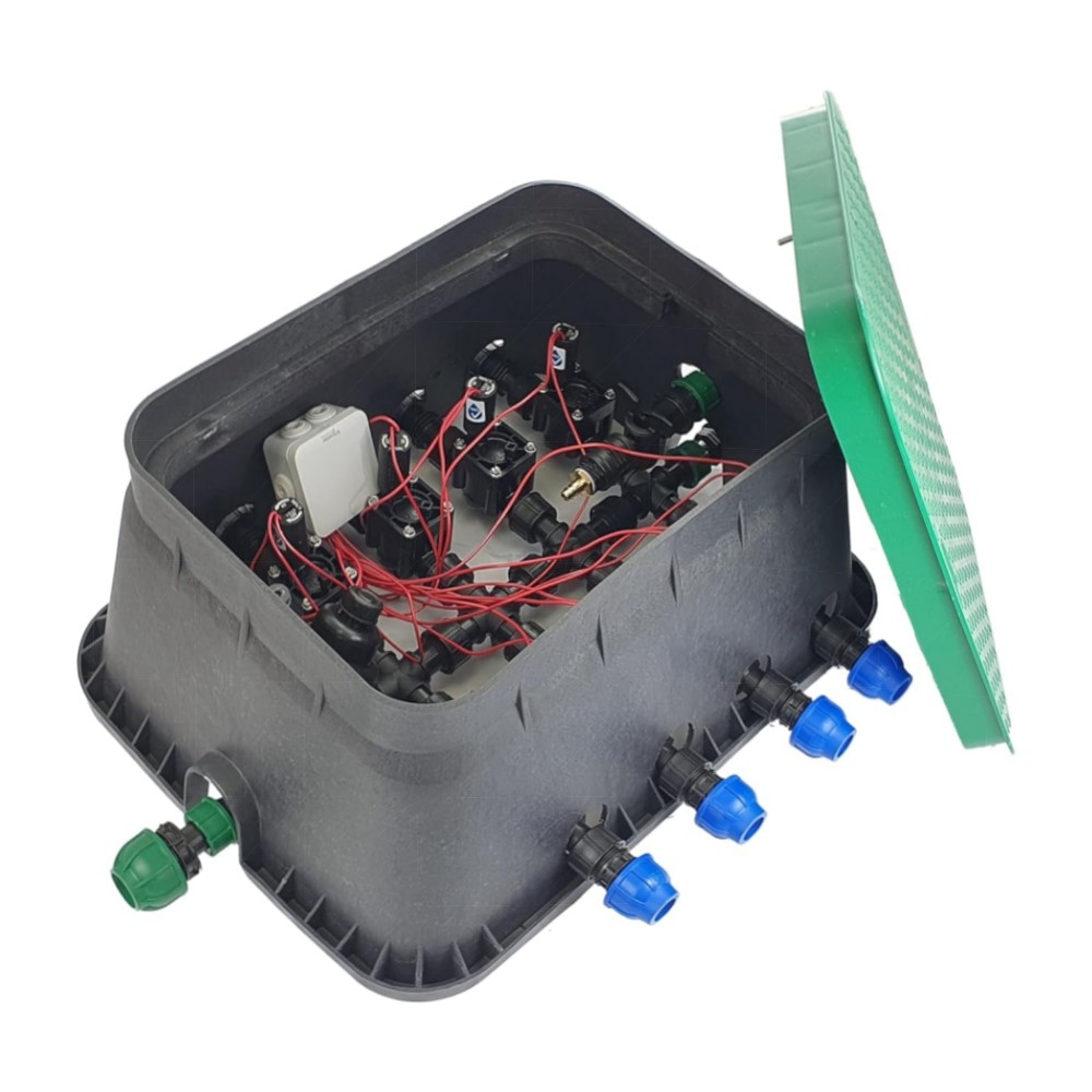 6er Ventilbox PROFI – 6× Hunter PGV 24V AC Magnetventile, vormontiert mit Siebfilter & Druckluftanschluss (25/32 mm Anschlüsse)