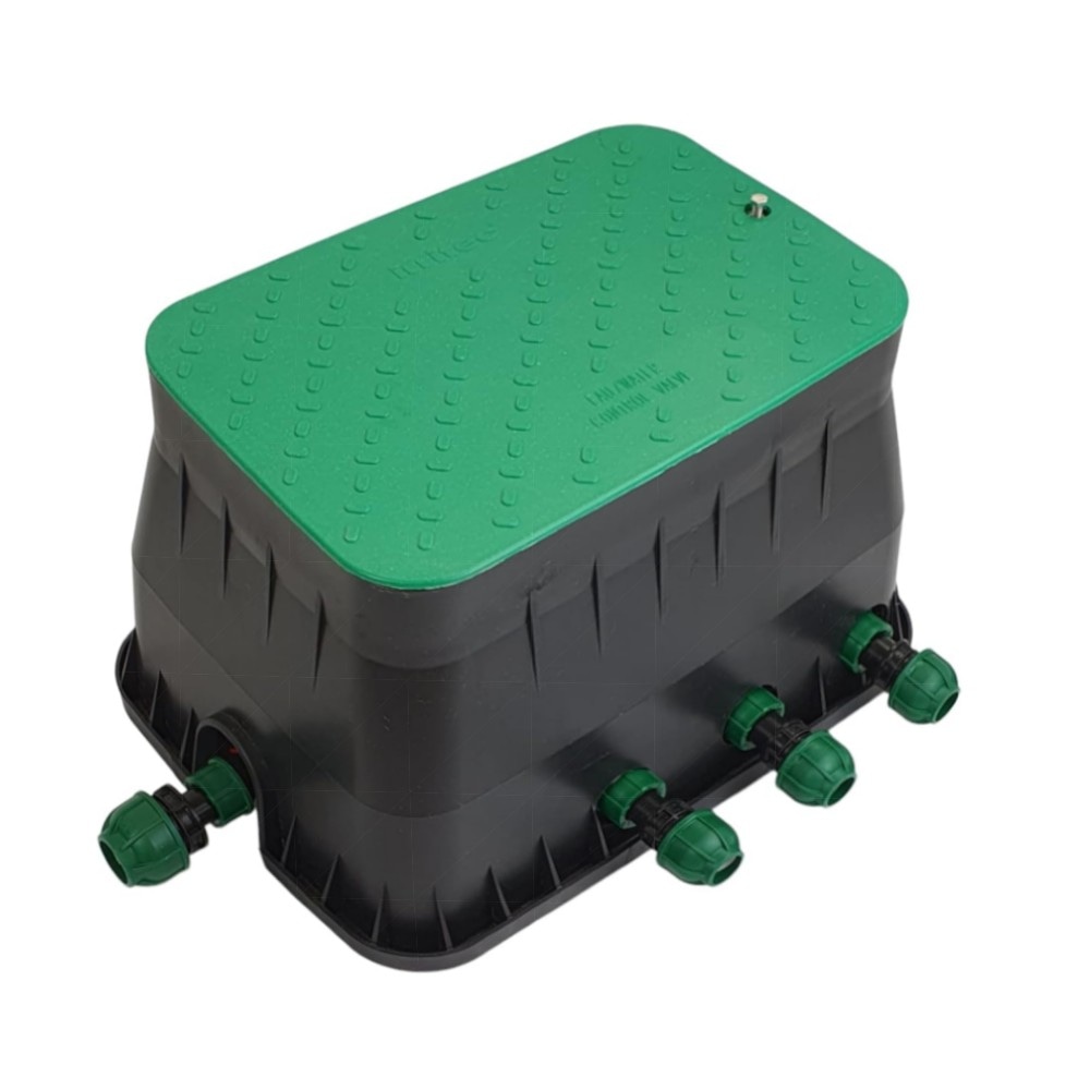 6er Ventilbox PROFI – 6× Hunter PGV 24V AC Magnetventile, vormontiert mit Siebfilter & Druckluftanschluss (25/32 mm Anschlüsse)