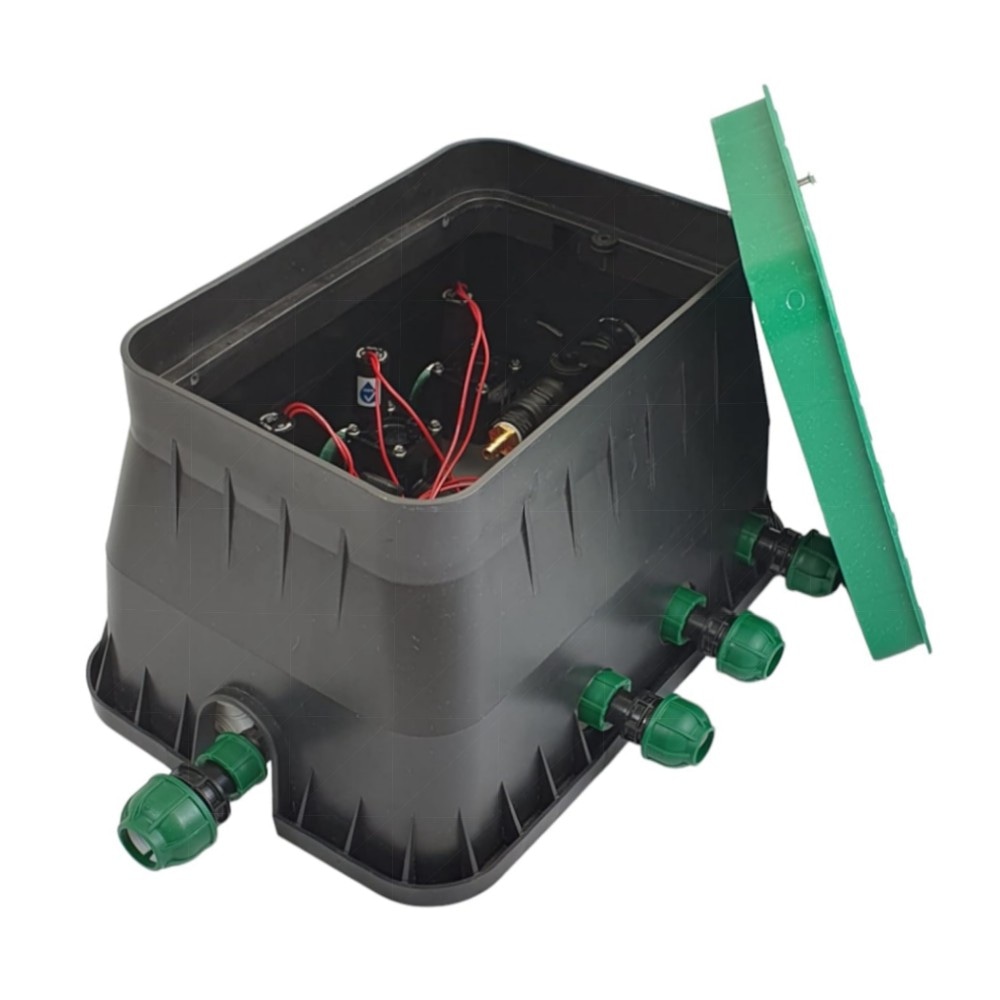 6er Ventilbox PROFI – 6× Hunter PGV 24V AC Magnetventile, vormontiert mit Siebfilter & Druckluftanschluss (25/32 mm Anschlüsse)