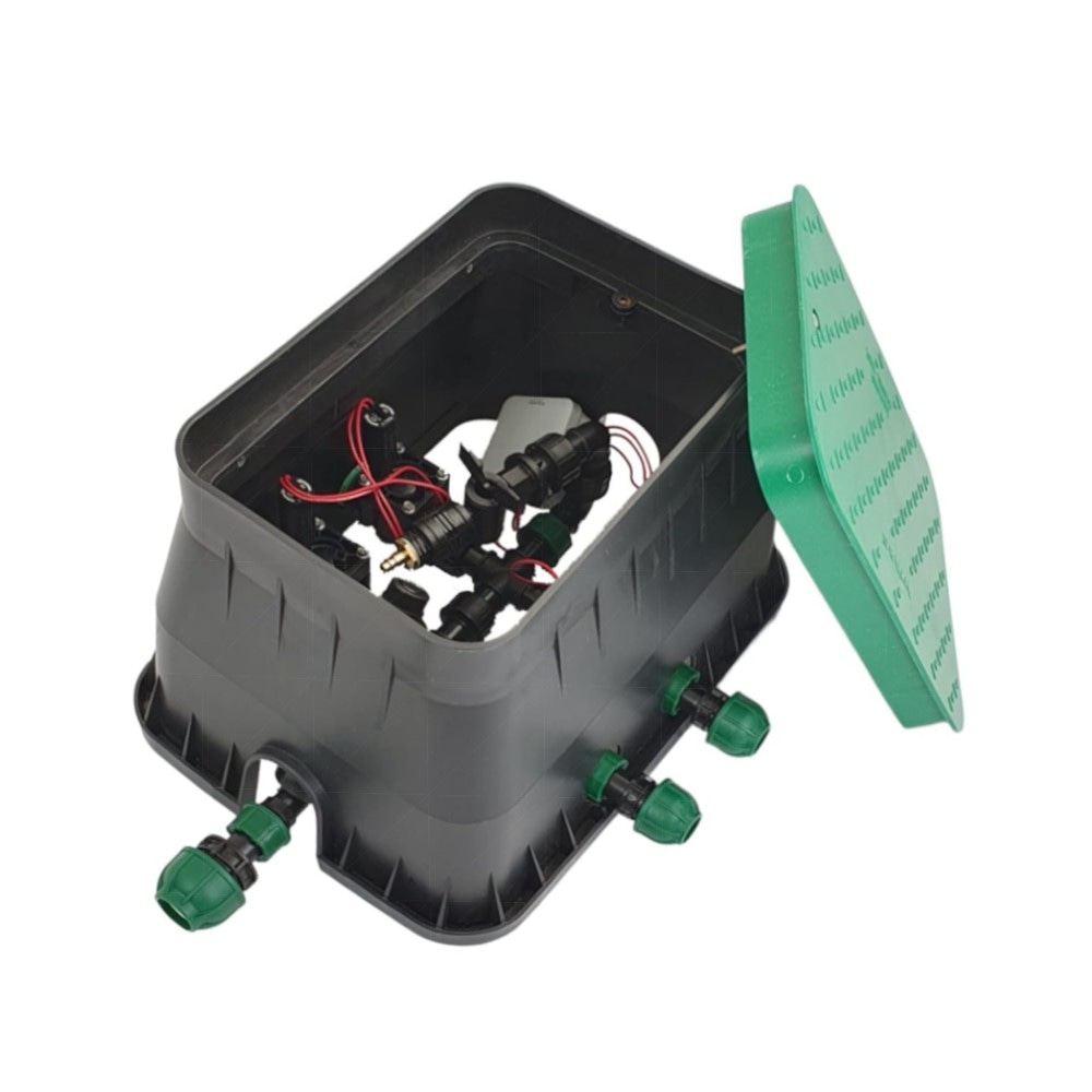 6er Ventilbox PROFI – 6× Hunter PGV 24V AC Magnetventile, vormontiert mit Siebfilter & Druckluftanschluss (25/32 mm Anschlüsse)