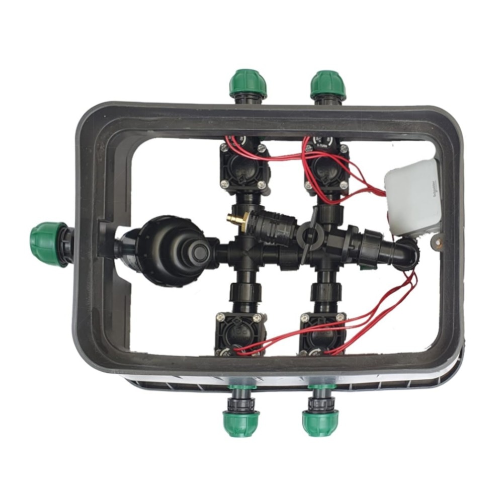 6er Ventilbox PROFI – 6× Hunter PGV 24V AC Magnetventile, vormontiert mit Siebfilter & Druckluftanschluss (25/32 mm Anschlüsse)